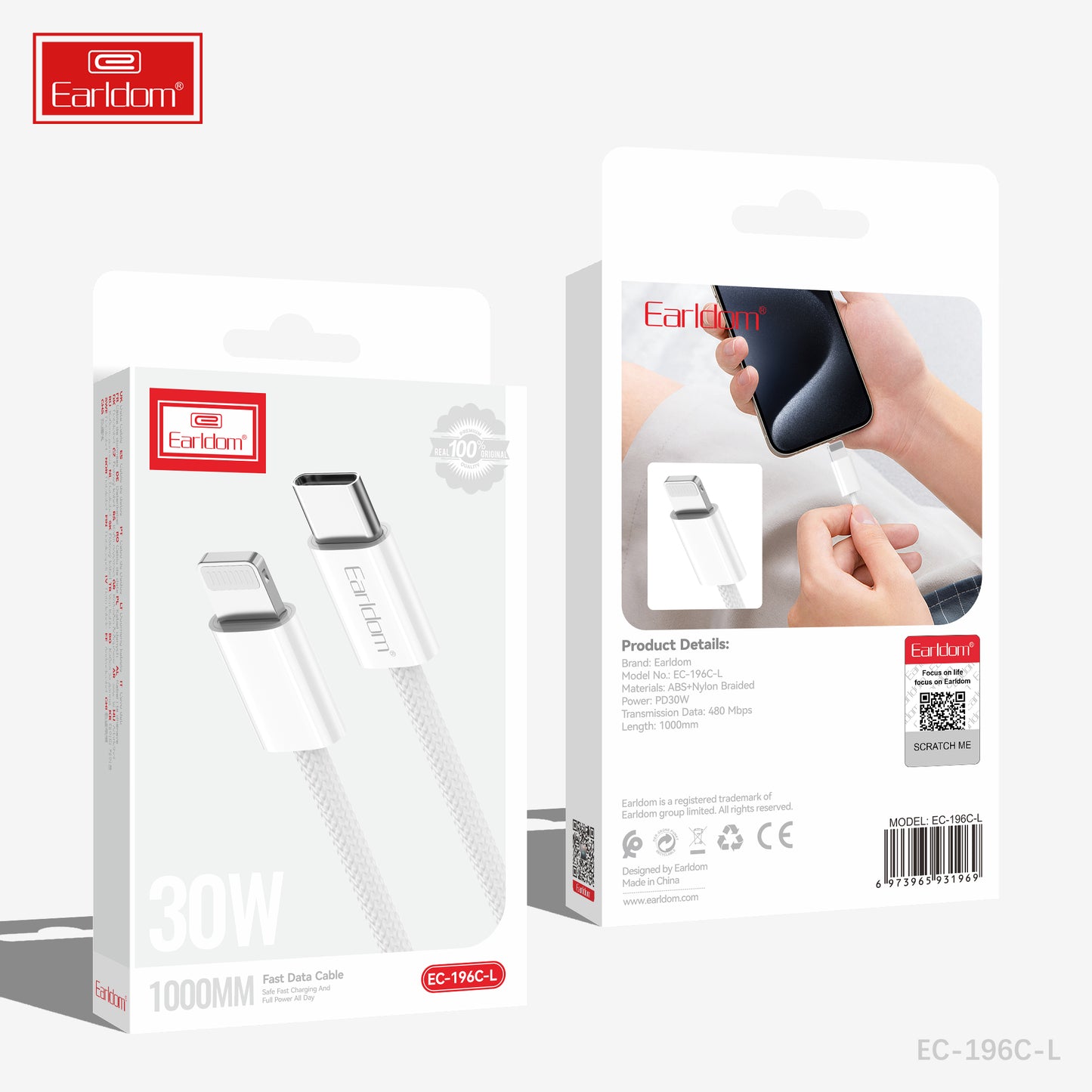 Câble de transmission de données translucide USB vers 8 broches en silicone Earldom, blanc EC-192L