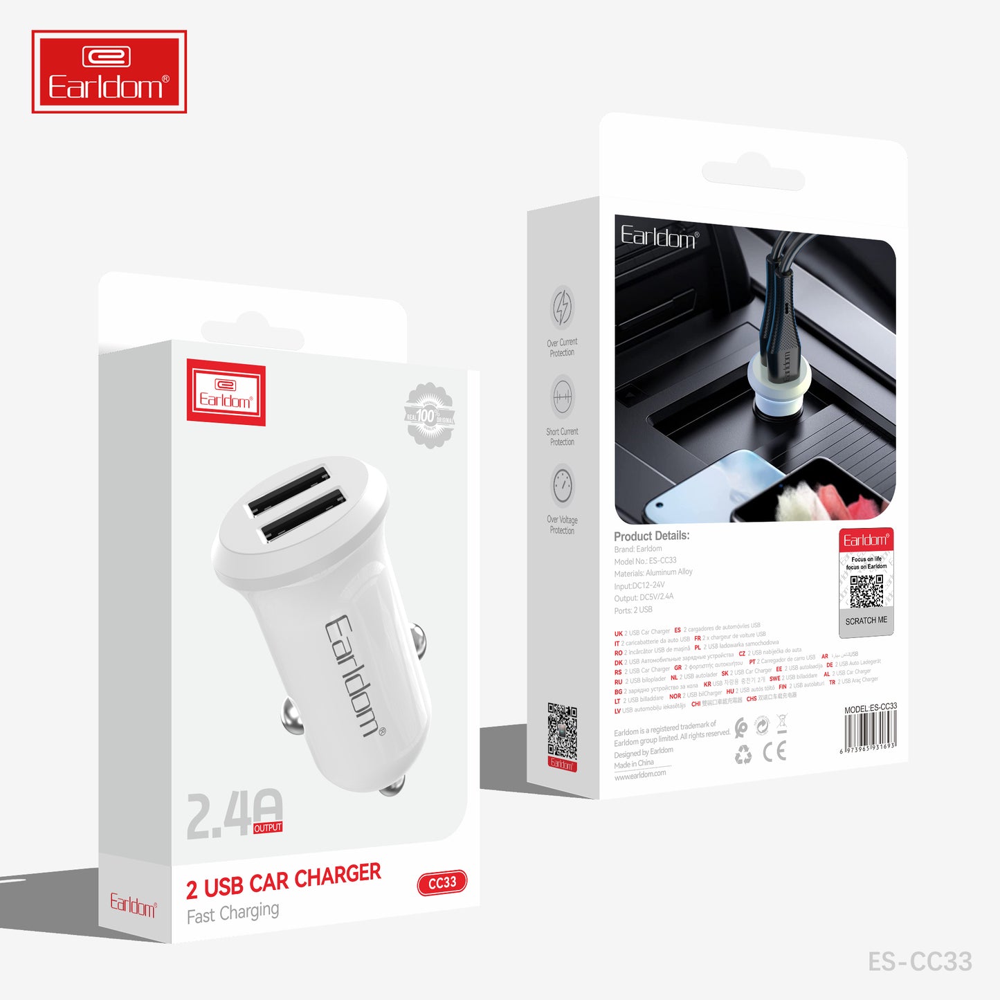 Chargeur de voiture Earldom 2 USB blanc - Sans câble CC33