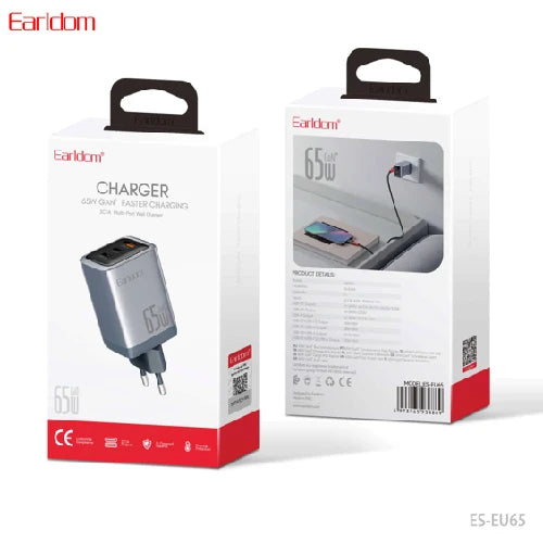 Earldom Charger 65W Gan Faster Charging 2C1A Multi port wall Charger ES-EU65