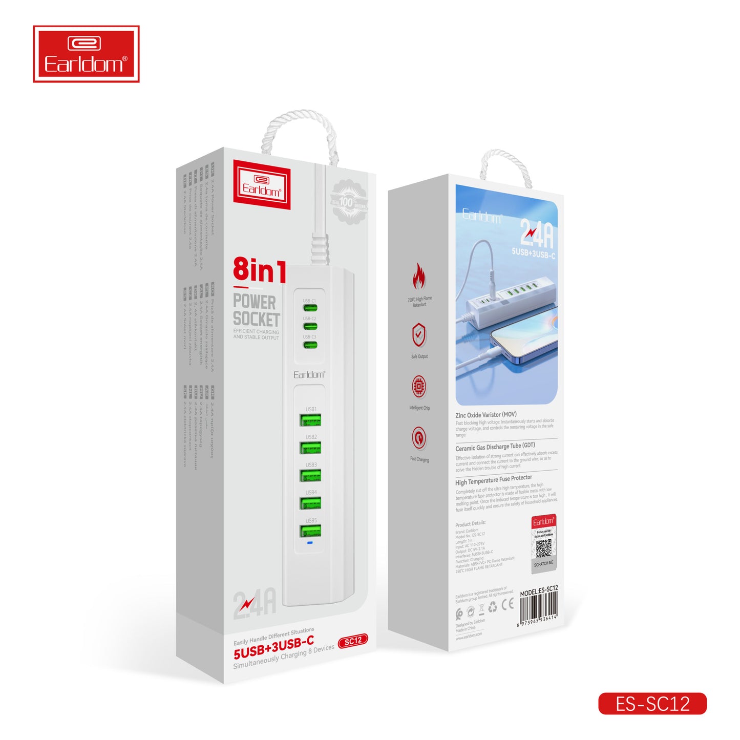 Prise secteur Earldom 8 en 1 : 5 ports USB + 3 ports USB-C SC12