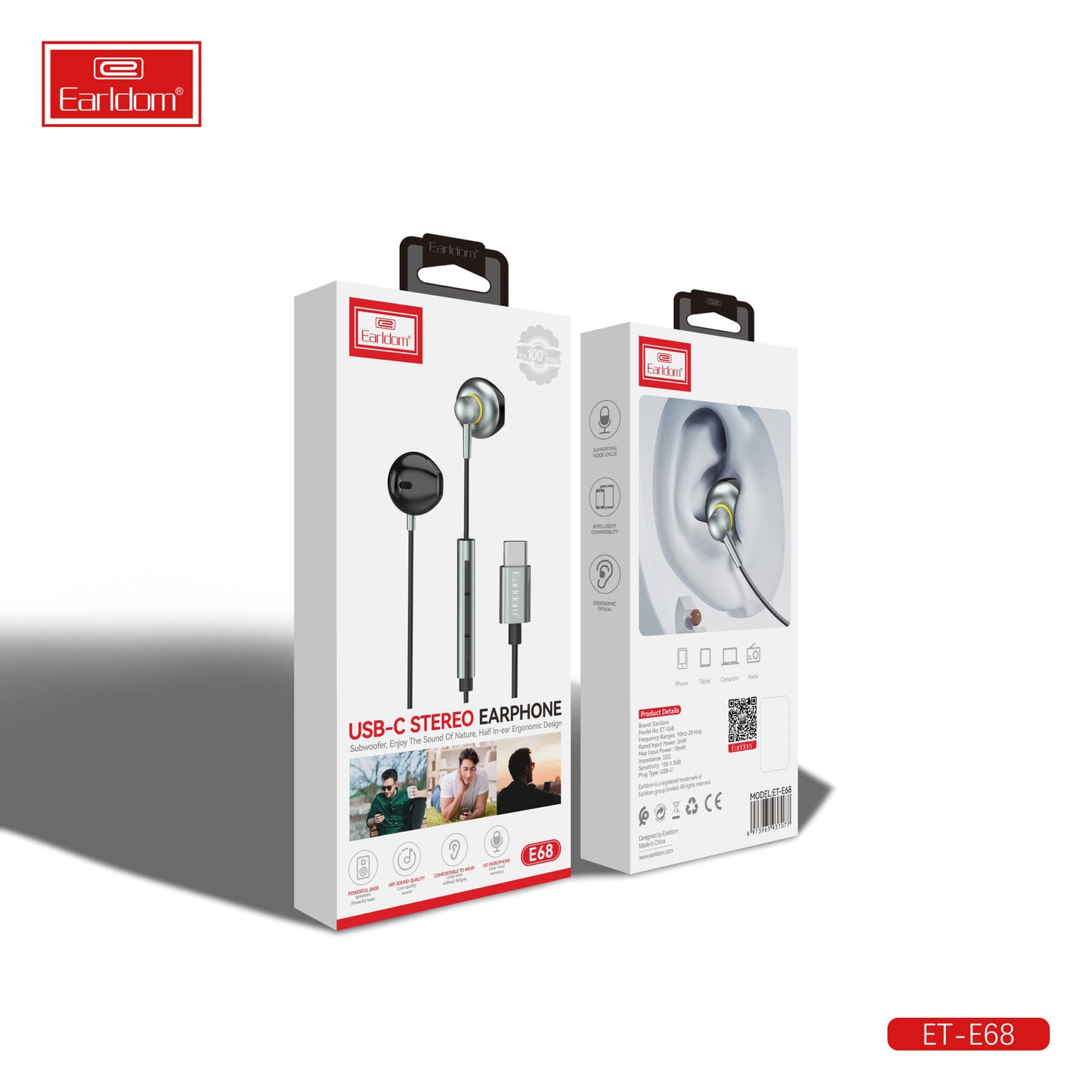 Écouteurs stéréo USB-C Earldom Gris E68