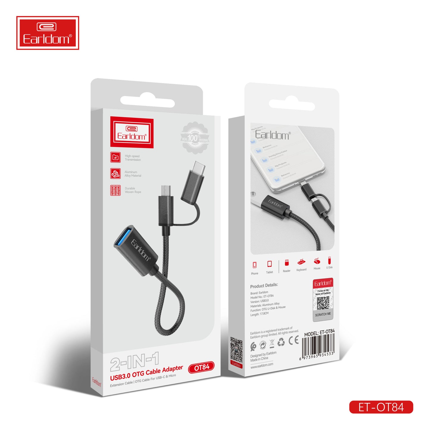 Adaptateur câble OTG USB 3.0 2-en-1 Earldom, noir OT84