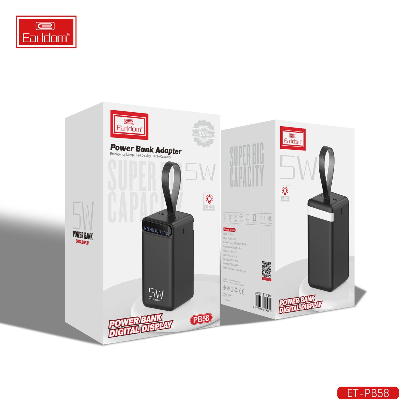 Batterie externe Earldom 5W, affichage numérique noir, PB58