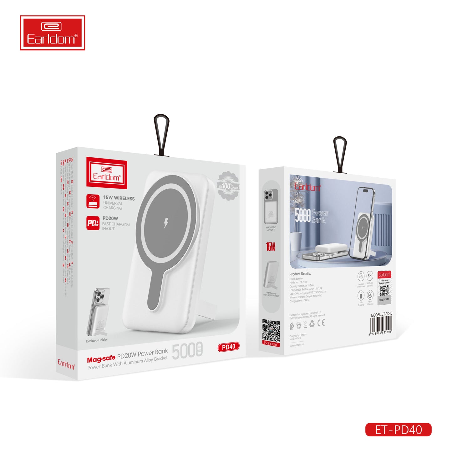 Batterie externe Earldom Mag-Safe PD20W avec support en alliage d'aluminium blanc PD40