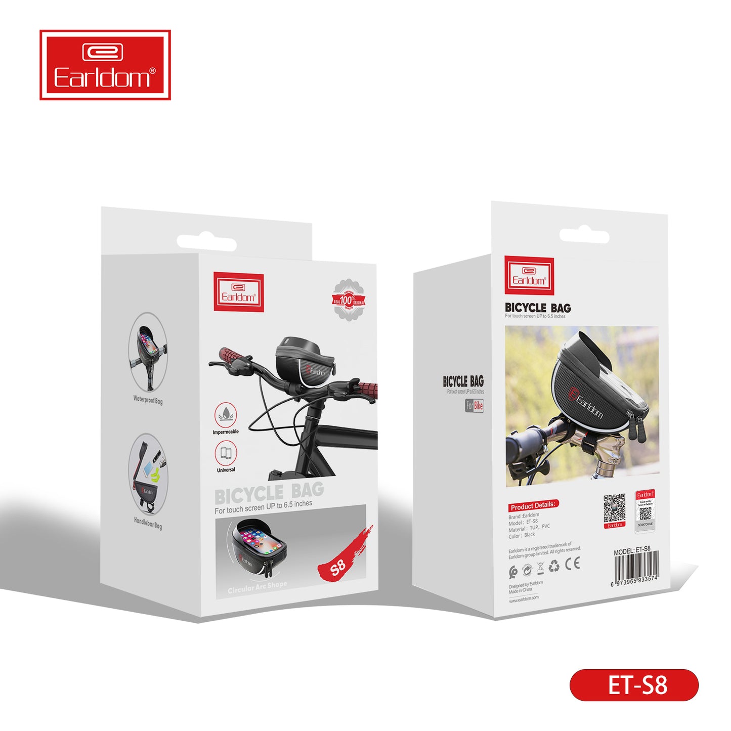 Sacoche de vélo Earldom pour écran tactile jusqu'à 6,5 pouces Noir S8