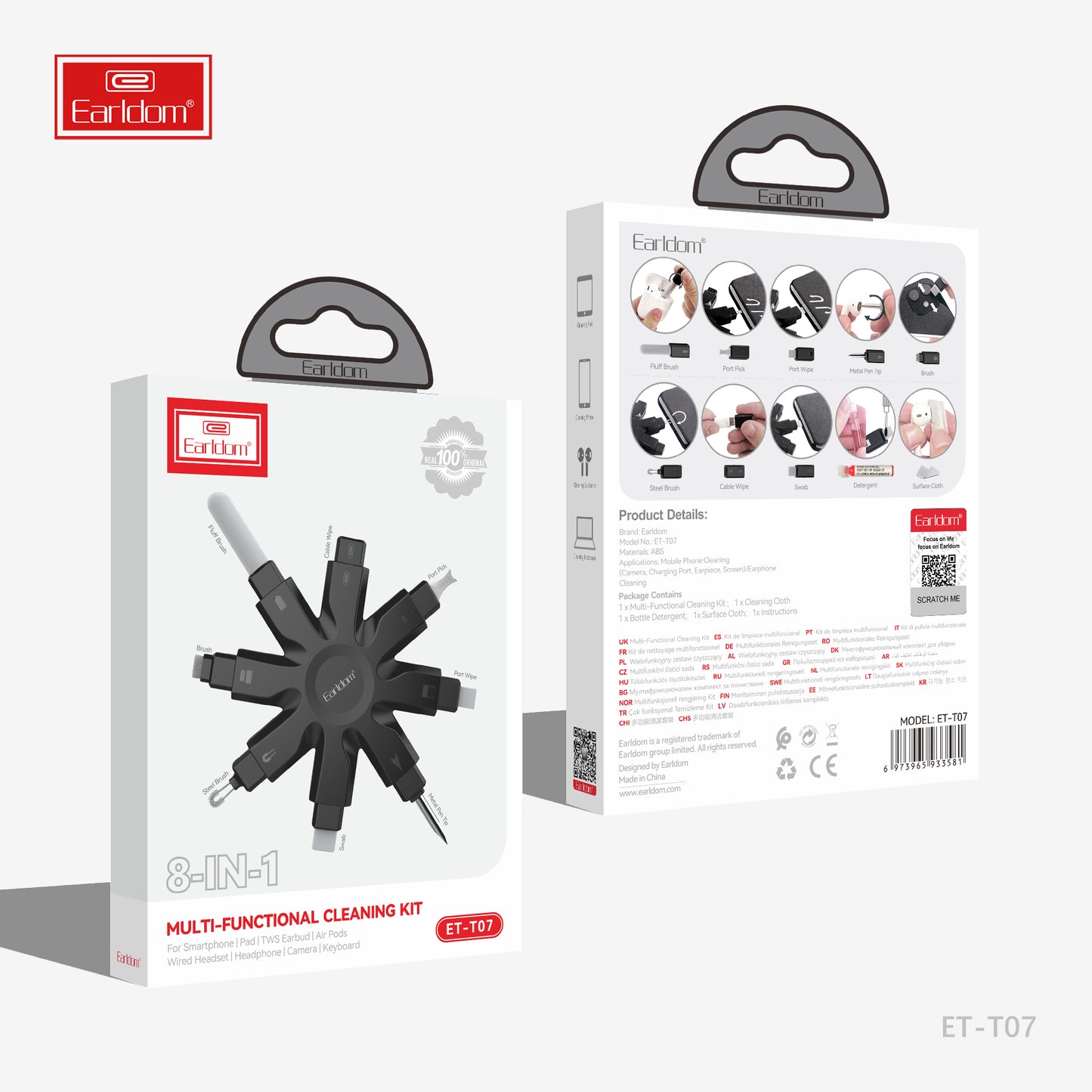 Kit de nettoyage multifonctionnel 8 en 1 Earldom Noir ET-T07