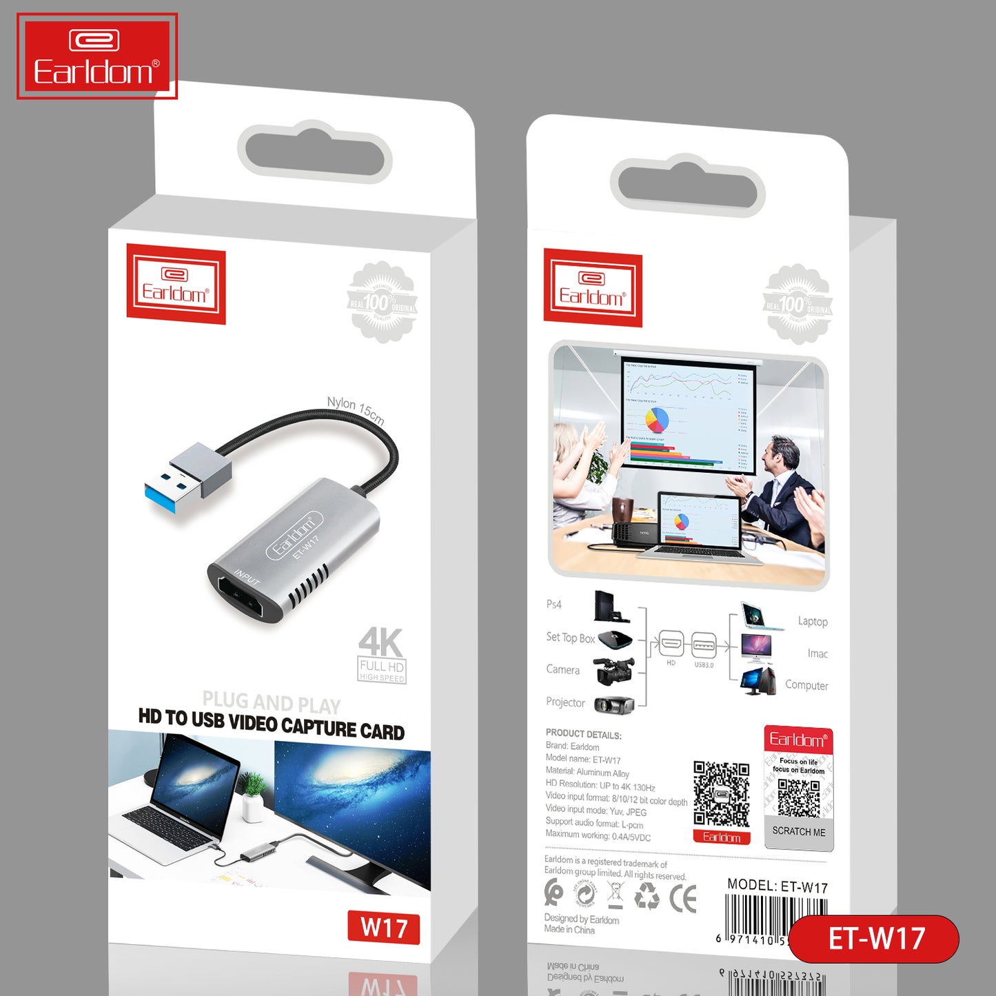 Carte d'acquisition vidéo Earldom 4K HD USB-C Gris W17