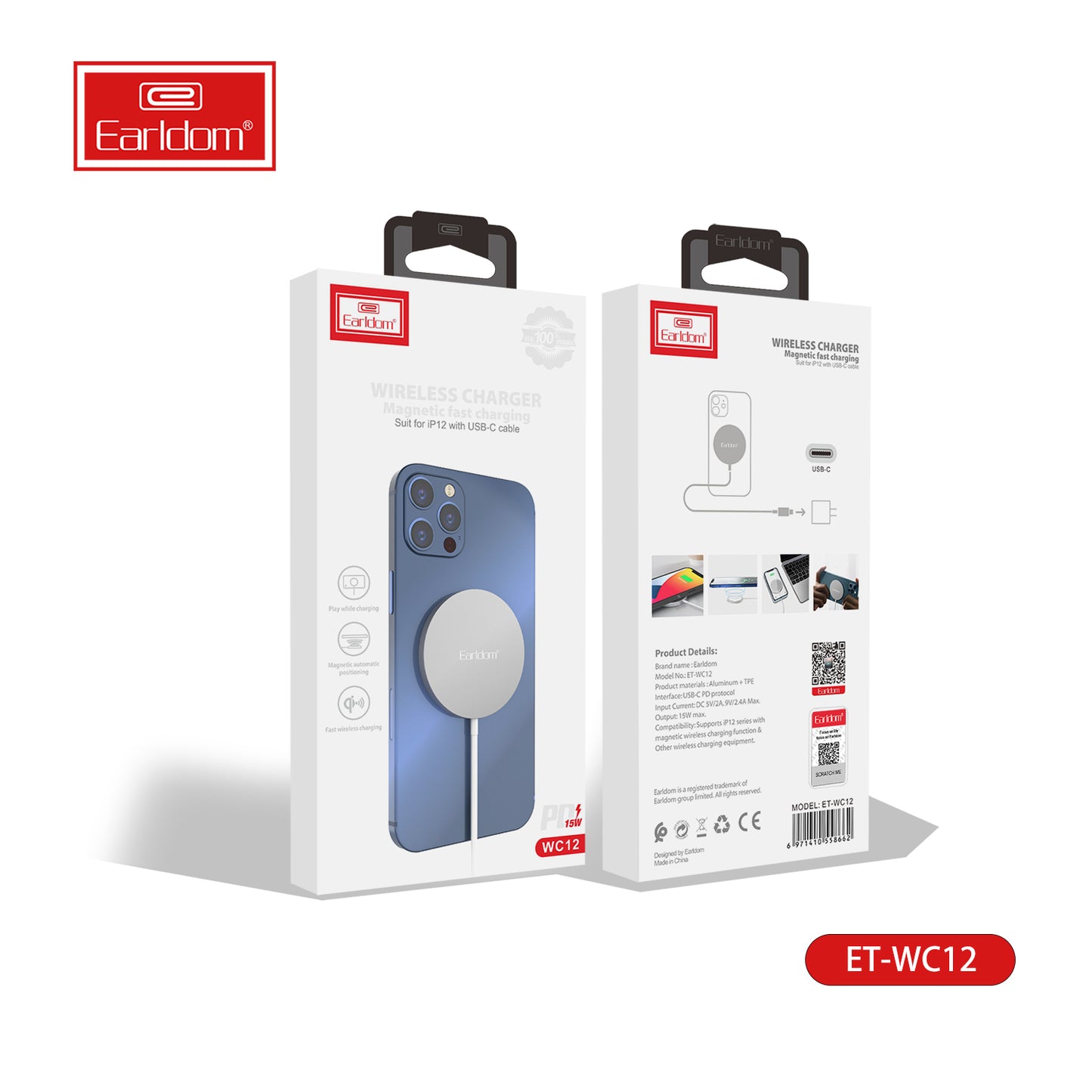 Chargeur sans fil Earldom avec câble USB-C blanc 15 W WC12