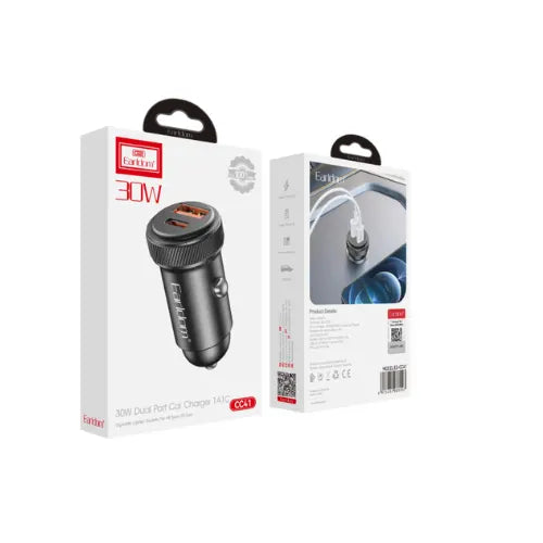 Earldom 30W Dual Port Car Charger 1A1C Black ES-CC41 With Type-C Cable